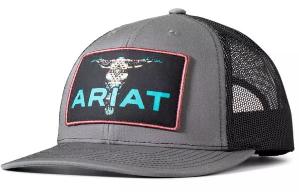 Ariat Mens Hat Baseball Cap Logo Bull Skull Patch Grey