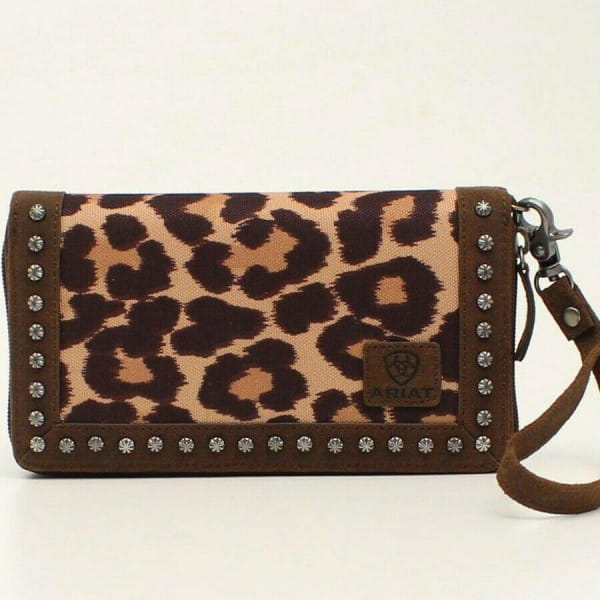 Ariat Ladies Leopard Print and Studded Brown Leather Clutch