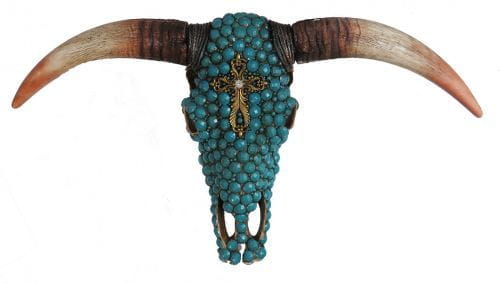 Turquoise stone studded resin steer skull